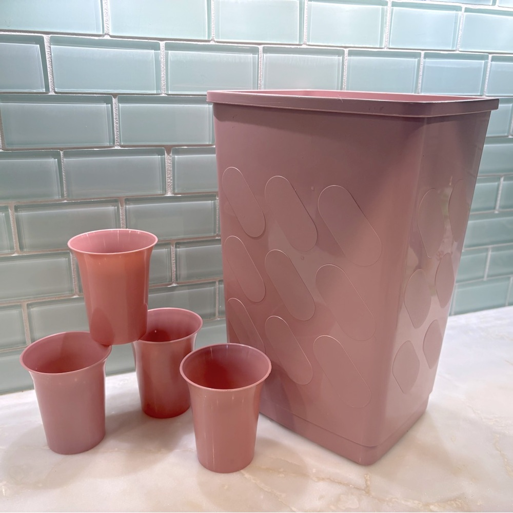 Vintage Mauve Waste Basket and Four Matching Cups